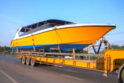 A boat is being loaded on the trailer.